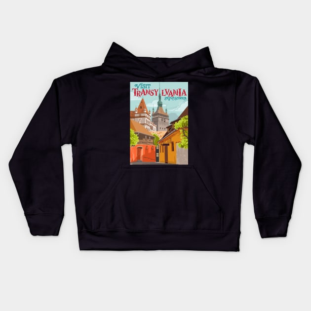 Travel Poster Transylvania - Sighisoara, Siebenbürgen, Segesvár Kids Hoodie by qpiii